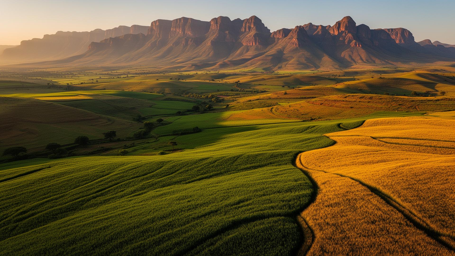 Ethiopian highland farmland at golden hour