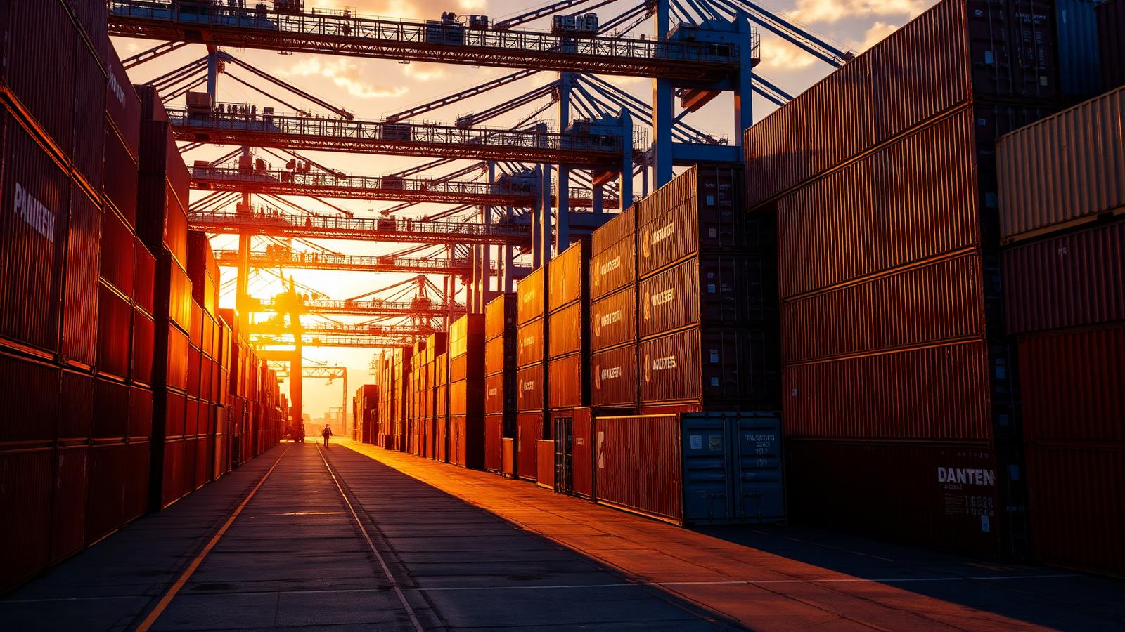 Cargo containers at port at sunset